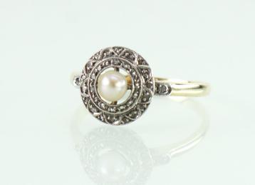 Antieke Franse gouden ring met parel en roosdiamanten beschikbaar voor biedingen