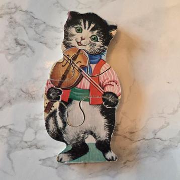 Vintage houten puzzel poes / kat met viool beschikbaar voor biedingen