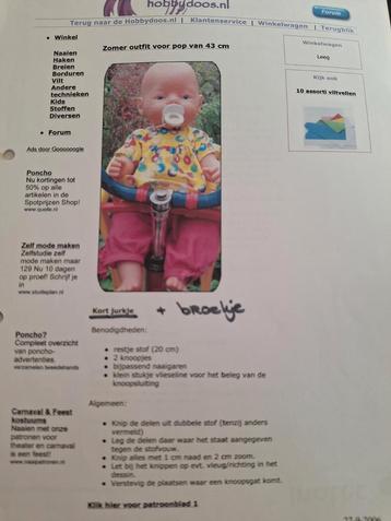 Naaipatronen babyborn , pop van 43 cm beschikbaar voor biedingen