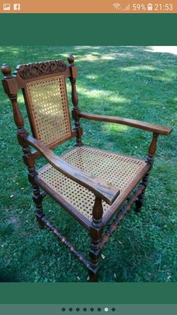 ANTIEKE, HOUTEN, WEBBING STOEL met armleuningen. beschikbaar voor biedingen