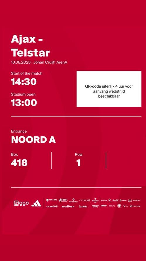 1 Ajax - Telstar Kaartje, Tickets en Kaartjes, Sport | Voetbal, Eén persoon, Augustus