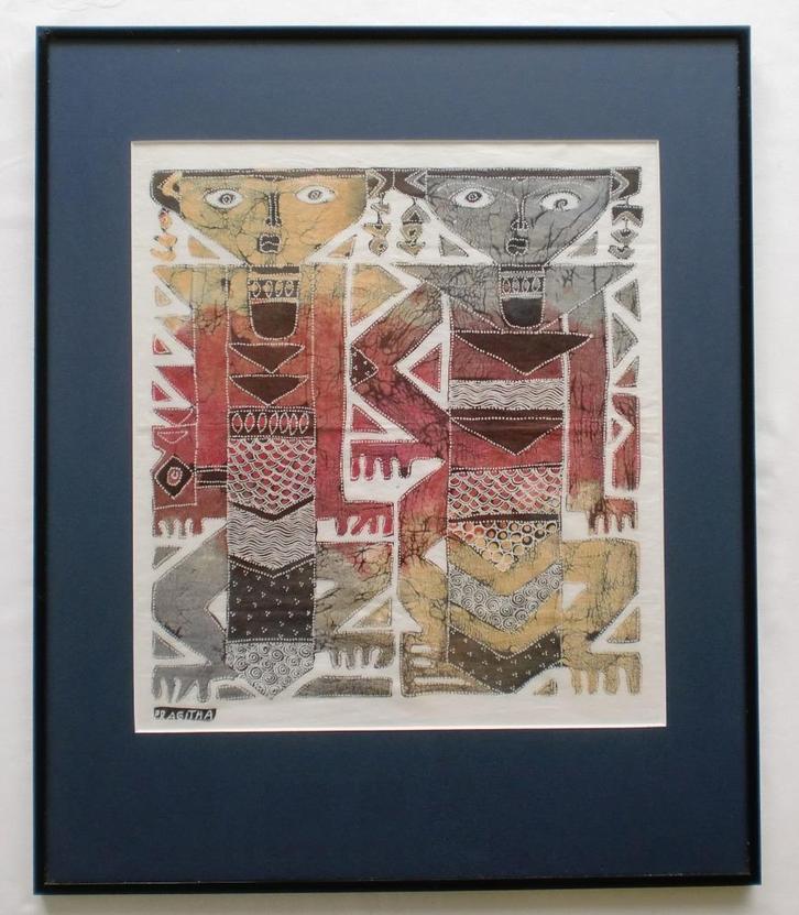 Ingelijst Batik kunstwerk op Textiel – Pragitha, Indonesië, Antiek en Kunst, Kunst | Niet-Westerse kunst, Ophalen of Verzenden