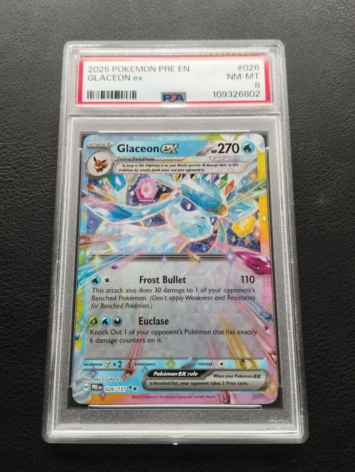 Glaceon EX Holo Pokemon kaart Prismatic Evolutions PSA8, Hobby en Vrije tijd, Verzamelkaartspellen | Pokémon, Zo goed als nieuw