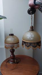 Set Hang +Tafel Lamp vintage gegraveerde bloemen met kralen, Huis en Inrichting, Lampen | Hanglampen, Minder dan 50 cm, Glas, Ophalen