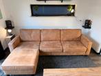 Luxe leren bank met losse poef L‑bank bruin leer, Ophalen, Gebruikt, 125 cm of meer, Leer
