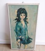 Vintage prent schilderijtje met meisje met pop, Minder dan 50 cm, Gebruikt, Ophalen of Verzenden, Print