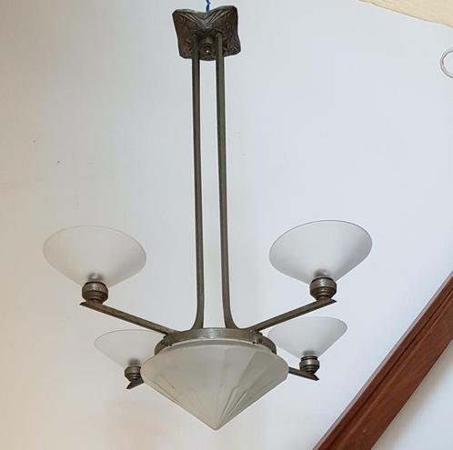 Hanglamp / 4 armen / Matglas / Ø 65 x 75 cm / Jaren 30, Huis en Inrichting, Lampen | Hanglampen, Gebruikt, 50 tot 75 cm, Glas