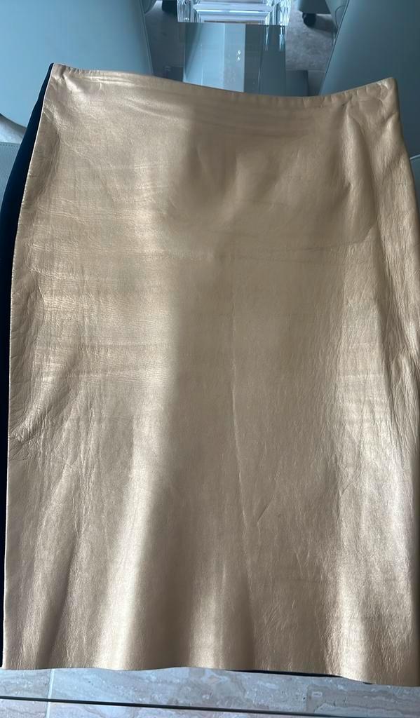 Ralph Lauren lederen rok in goudkleur!, Kleding | Dames, Rokken, Zo goed als nieuw, Blauw, Onder de knie, Ophalen of Verzenden