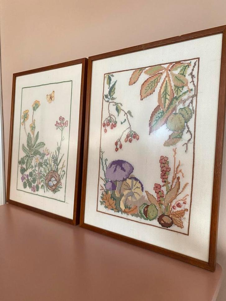 Vintage Geborduurde Seizoensschilderijen Set, Antiek en Kunst, Kunst | Etsen en Gravures, Ophalen