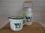 Brocante email melkkan en maatbeker met koe, Ophalen of Verzenden