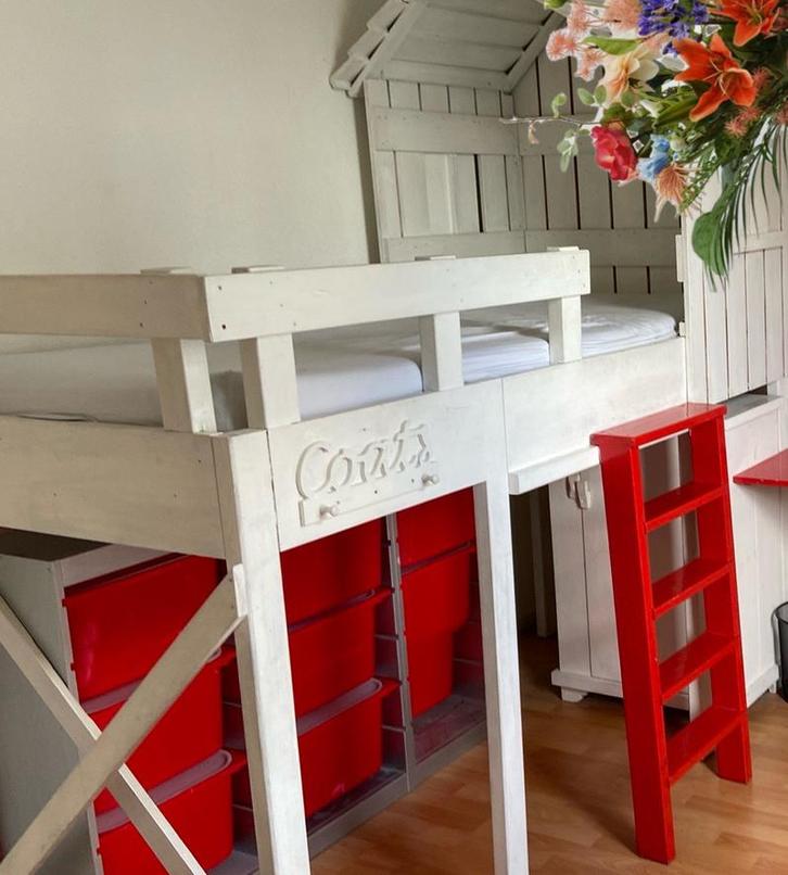 €1400,- Bed 90x200  meisje halfhoogslaper steigerhout, Kinderen en Baby's, Kinderkamer | Bedden, Ophalen
