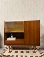 Vintage wandkast met glas highboard retro teak fineer, Zo goed als nieuw, Minder dan 150 cm, 25 tot 50 cm, Met deur(en)