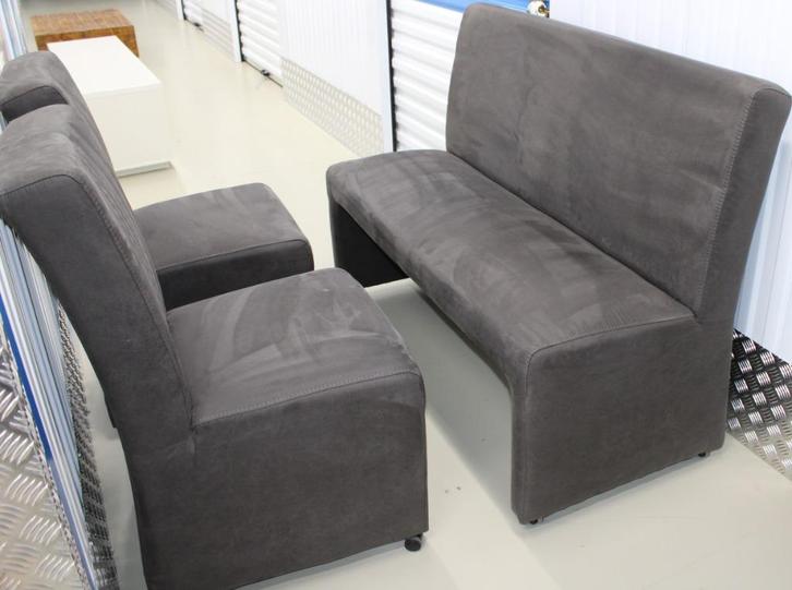 Stijlvolle eettafelstoelen + bank op wieltjes, Huis en Inrichting, Stoelen, Gebruikt, Vier, Stof, Grijs, Ophalen