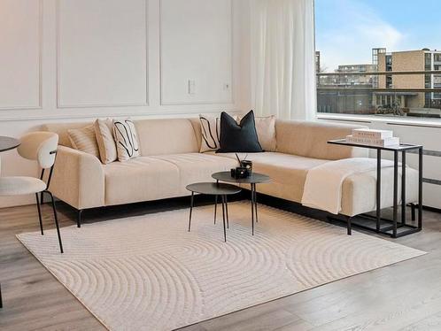 Hoekbank Japandi nieuwstaat beige 200x256x74 lounge, Huis en Inrichting, Banken | Complete zithoeken, Zo goed als nieuw, Stof