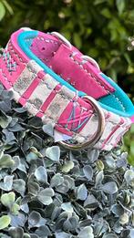 Halsband roze leer turquoise nappa panter nappa deco 26-32, Dieren en Toebehoren, Hondenhalsbanden en Penningen, Verzenden, Handgemaakt