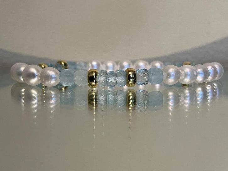 Edelsteen armband met topaas, aquamarijn en zoetwaterparels, Sieraden, Tassen en Uiterlijk, Edelstenen, Nieuw, Verzenden