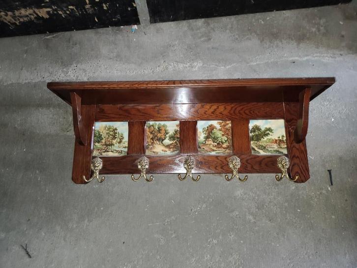Antieke Wandkapstok met Tegels, Huis en Inrichting, Woonaccessoires | Kapstokken, Gebruikt, Wandkapstok, Minder dan 100 cm, Hout