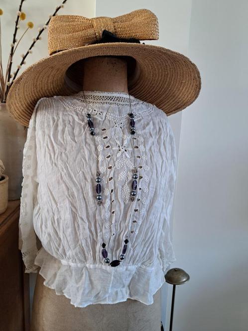 Vintage witte blouse, bloes, lange mouw, baptist rond 1900, Kleding | Dames, Blouses en Tunieken, Gedragen, Wit, Ophalen of Verzenden