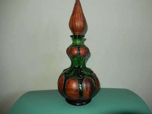 Vintage karaf in glas+leder, wijn-likeurfles Empoli italië, Antiek en Kunst, Antiek | Glas en Kristal, Ophalen of Verzenden