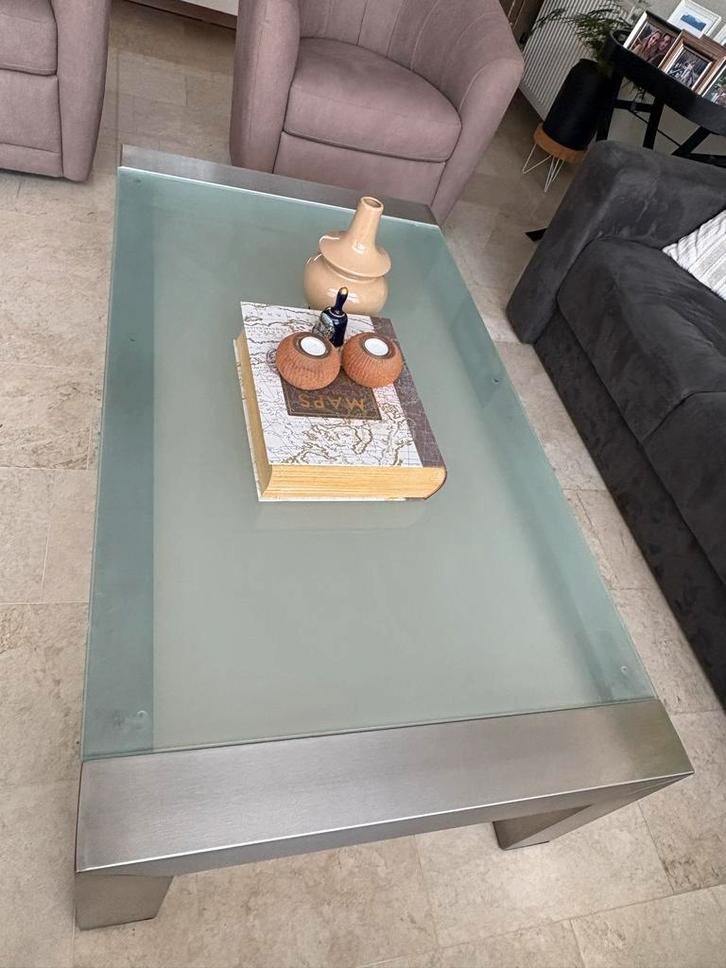 Piet Klerkx Salontafel Glas/RVS - Modern Design, Huis en Inrichting, Tafels | Salontafels, Gebruikt, Minder dan 50 cm, 50 tot 100 cm