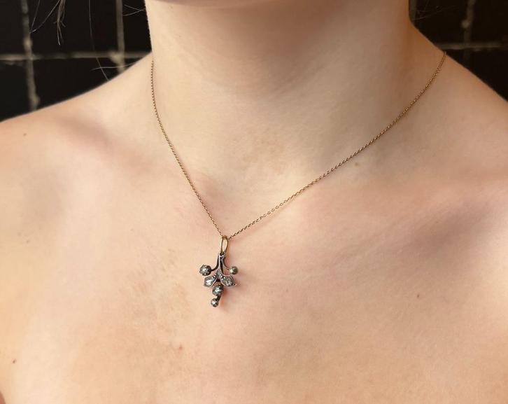 Roos diamant antieke 14k gouden ketting met hanger dames, Sieraden, Tassen en Uiterlijk, Antieke sieraden, Ketting, Goud, Met edelsteen