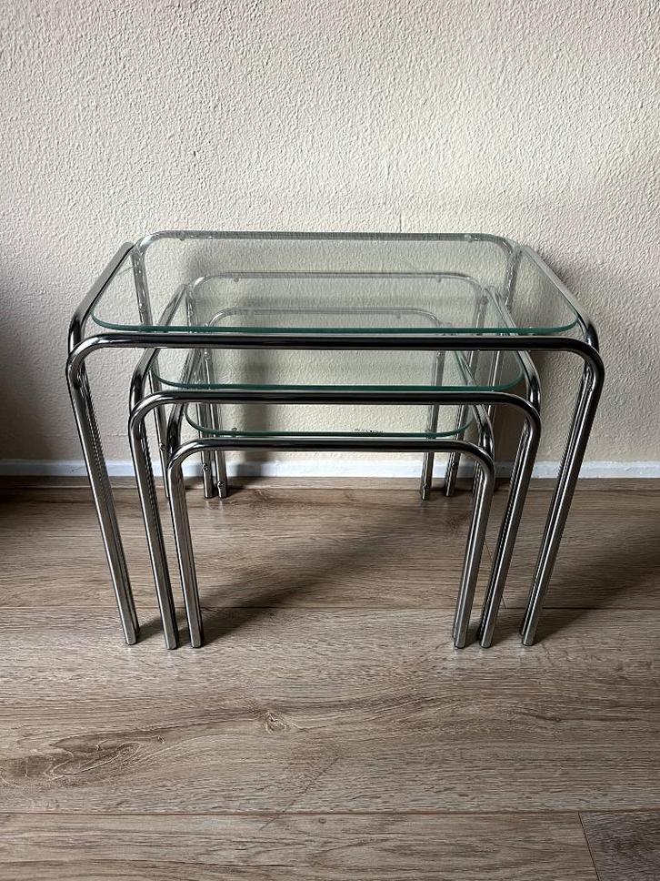 Space Age Bijzettafels - Chroom - Bauhaus - Retro Mimiset, Huis en Inrichting, Tafels | Bijzettafels, Gebruikt, Rechthoekig, Minder dan 45 cm