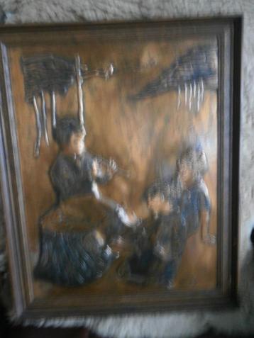 Mooie BROCANTE Koperen plaat met Afbeelding MUZIKANTEN beschikbaar voor biedingen