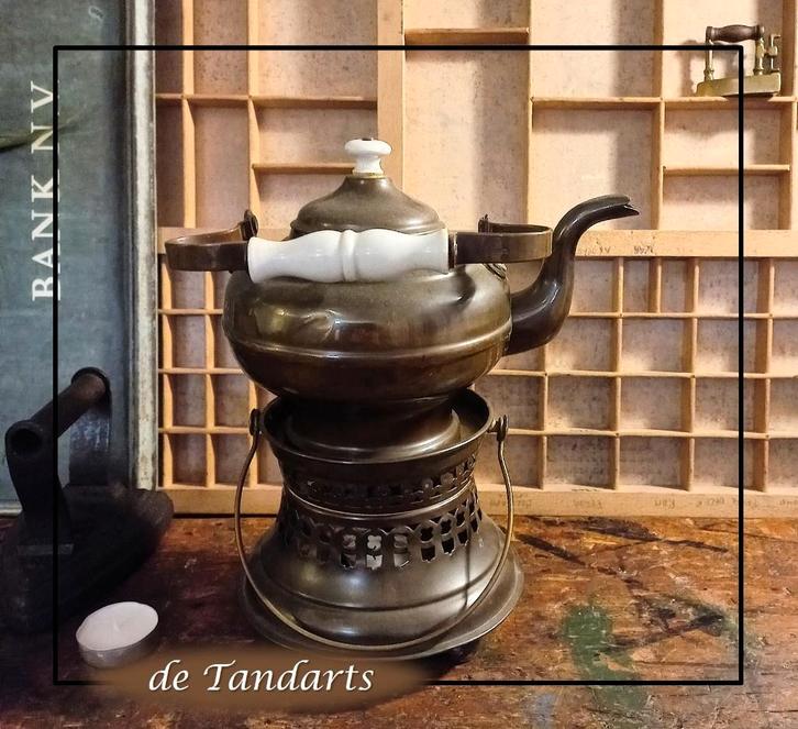 Theepot met aardewerk handvat & theelicht = setprijs, Antiek en Kunst, Antiek | Koper en Brons, Ophalen of Verzenden