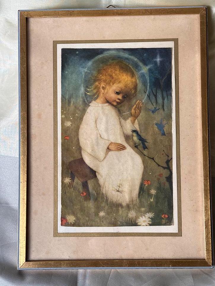 Oud schilderijtje kindje met aureool, G.Longueville, Antiek en Kunst, Kunst | Tekeningen en Foto's, Ophalen of Verzenden