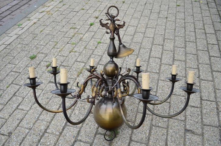 Klassieke bronzen kroonluchter met 8 armen, Huis en Inrichting, Lampen | Kroonluchters, Gebruikt, Metaal, Ophalen