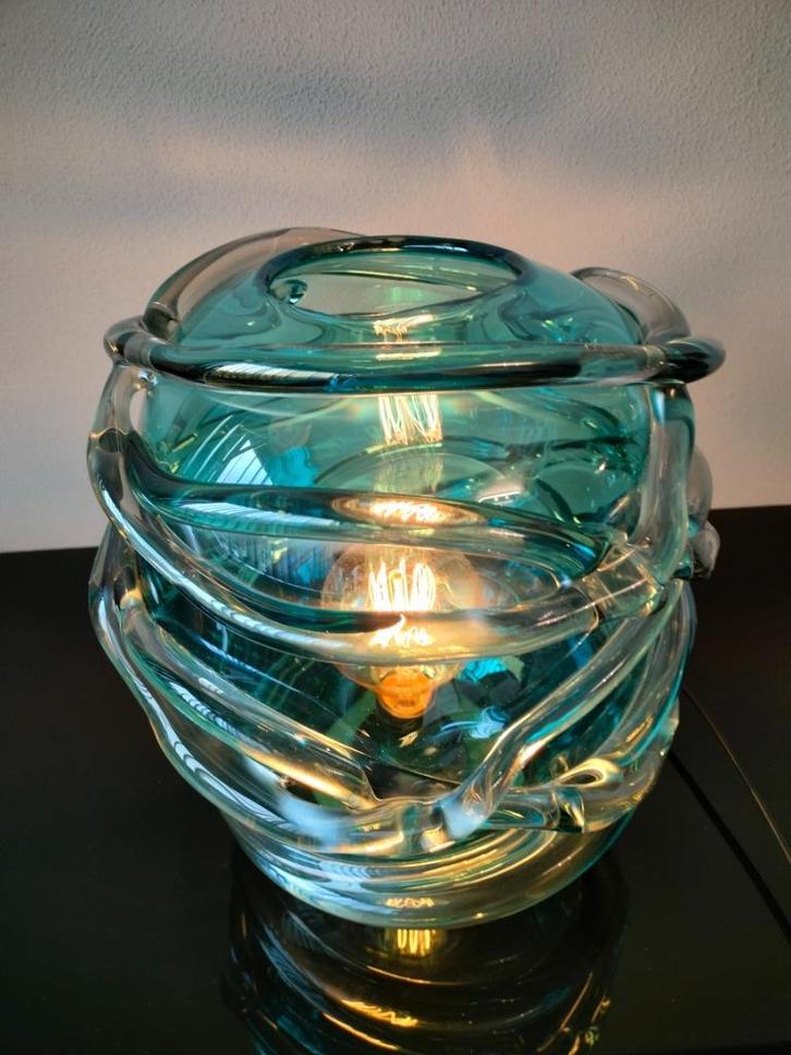 Italië Art Design Tafellamp Lamp Glas Petrol Glasdraad 1980, Huis en Inrichting, Lampen | Tafellampen, Zo goed als nieuw, Minder dan 50 cm