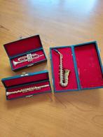 Miniatuur muziekinstrumenten met koffer, goudkleurig,, Muziek en Instrumenten, Blaasinstrumenten | Overige, Ophalen of Verzenden