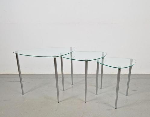 Set 3 Mid-Century Nesting bijzettafels glas Chrome Italy ´60, Huis en Inrichting, Tafels | Bijzettafels, Gebruikt, Overige vormen