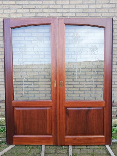 Merantie schuifdeuren incl rails en architraven 218x186br, Doe-het-zelf en Verbouw, Kozijnen en Schuifpuien, Zo goed als nieuw