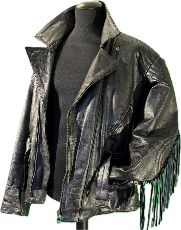 Leren jack met franjes, Kleding | Heren, Jassen | Winter, Zo goed als nieuw, Overige maten, Zwart, Ophalen of Verzenden