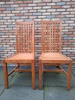 2 teakhouten eetkamerstoelen, Huis en Inrichting, Stoelen, Ophalen, Zo goed als nieuw, Bruin, Vier