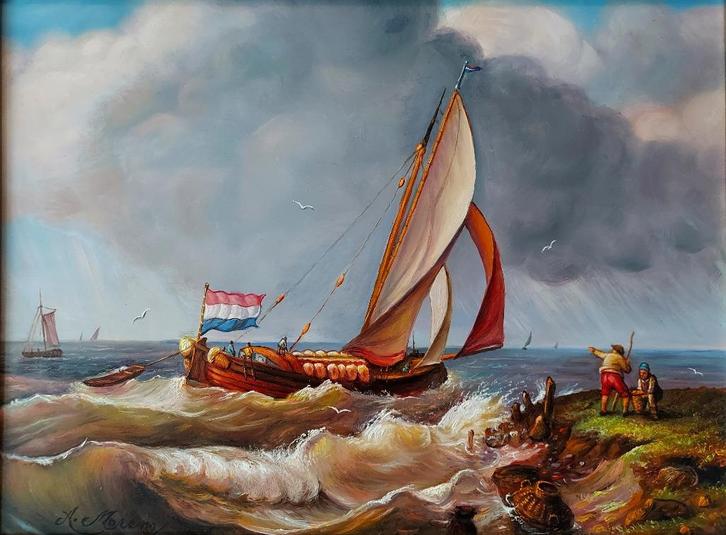 Historische zeilboot langs de kust-Alfonso Moreno(1947-), Antiek en Kunst, Kunst | Schilderijen | Klassiek, Ophalen of Verzenden