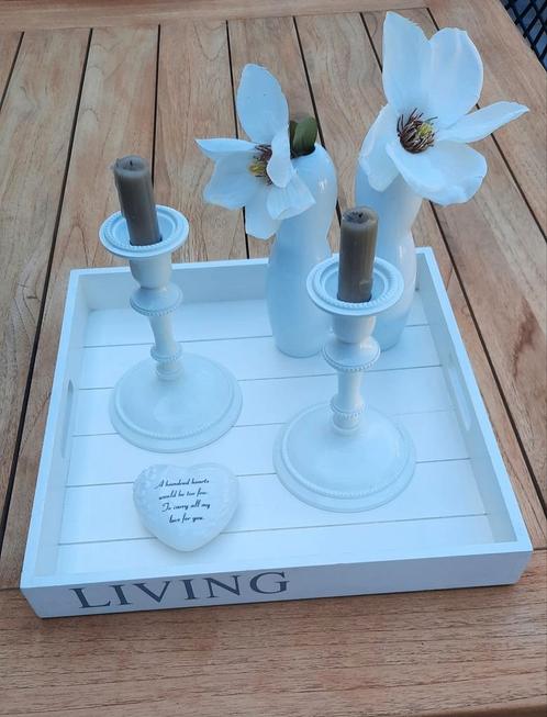 Set dienblad met vaasjes, kandelaars etc., Huis en Inrichting, Woonaccessoires | Vazen, Zo goed als nieuw, Wit, Minder dan 50 cm