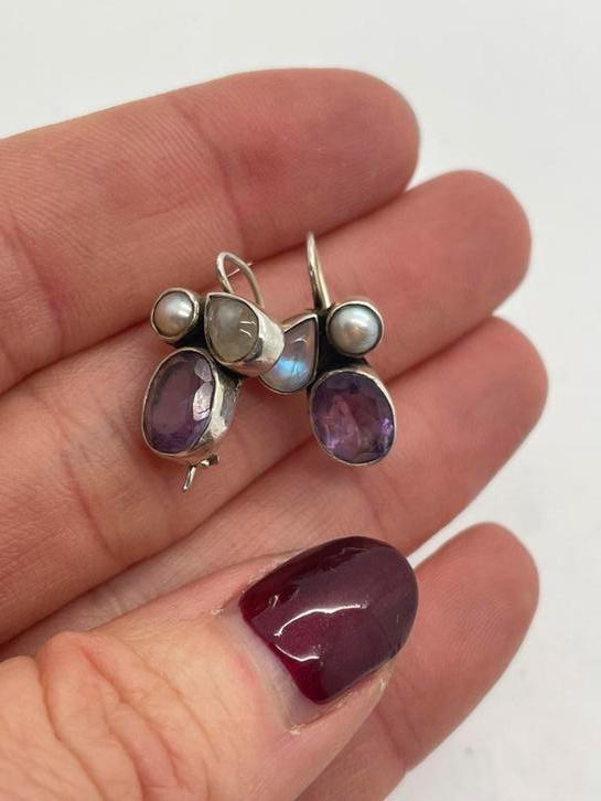 B845 Prachtige zilveren oorbellen parel amethist, Sieraden, Tassen en Uiterlijk, Oorbellen, Zilver, Zilver, Met edelsteen, Ophalen of Verzenden