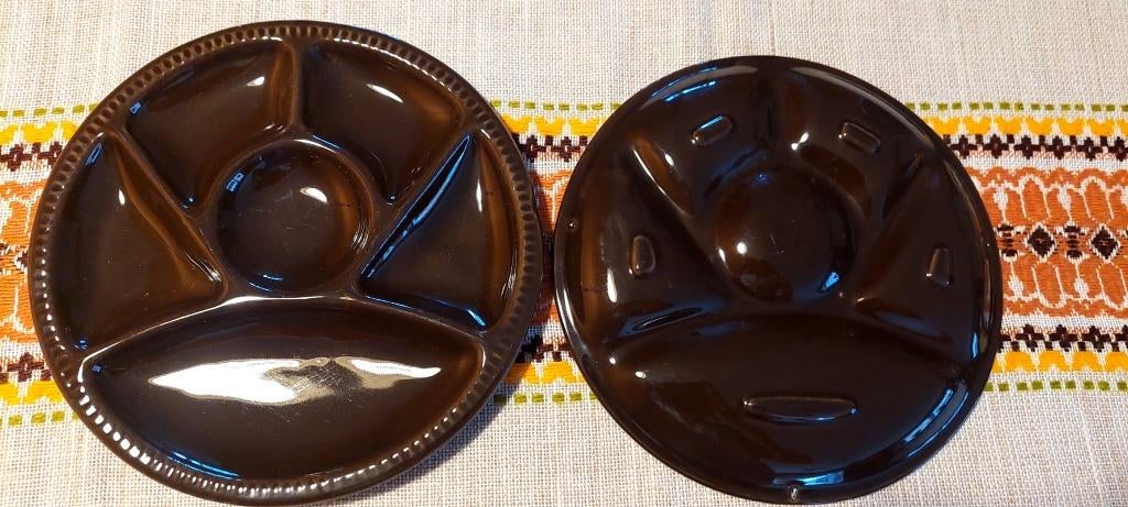 4 Vintage fondue tapas gourmet borden bruin jaren 70, Overige materialen, Eu, Eu, Ophalen of Verzenden