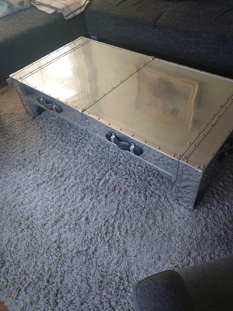 Chroom kleur Salontafel met Leren Handgrepen en Beklede Lade, Huis en Inrichting, Tafels | Salontafels, Ophalen, Gebruikt, 100 tot 150 cm