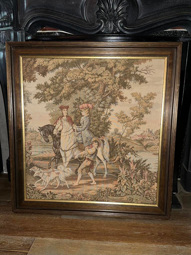 Antiek ingelijste Franse Tapestry-Gobelin wandkleed 79x76, Ophalen