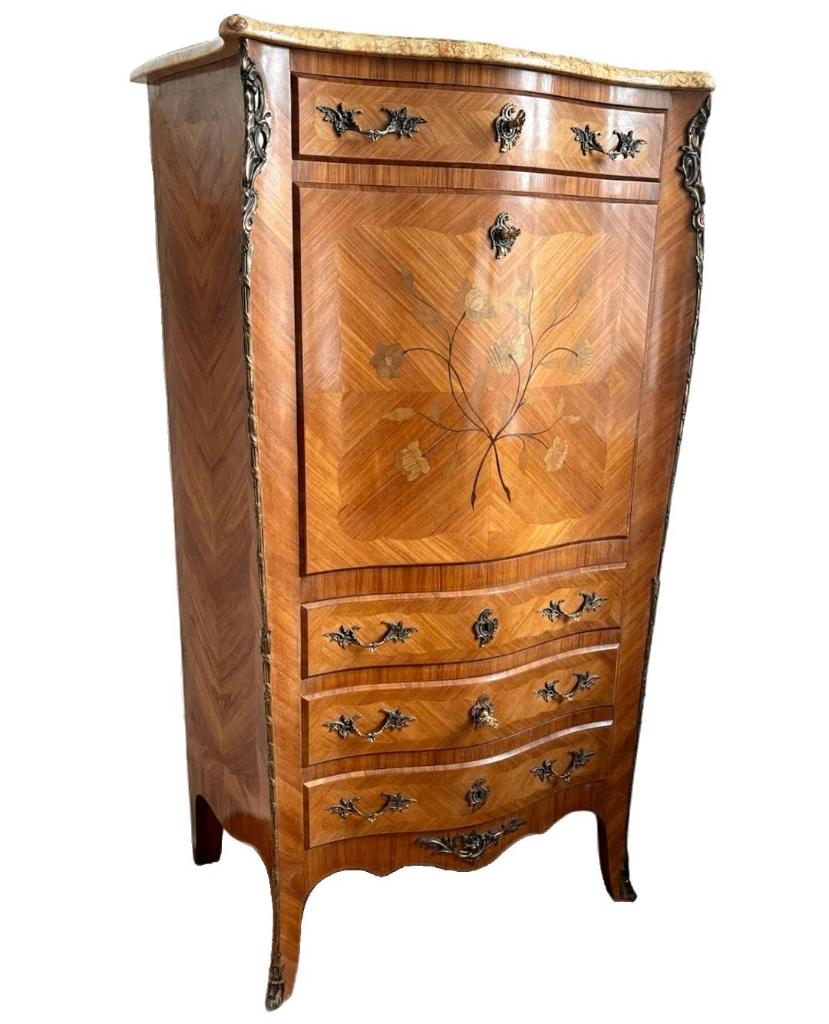 Marquetterie secretaire met brons beslag en marmer., Ophalen
