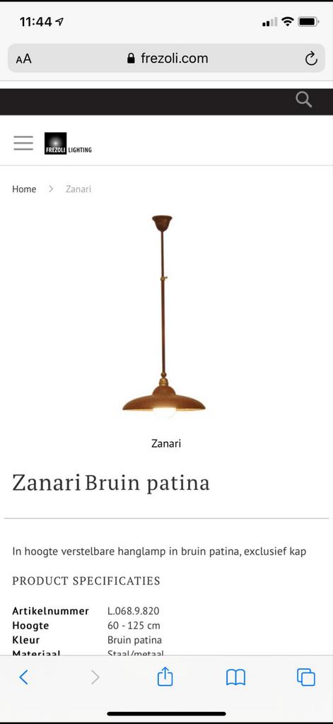 Frezoli Zanari Hanglamp - Bruin Patina, Verstelbaar, Huis en Inrichting, Ophalen of Verzenden, Nieuw, Metaal, 50 tot 75 cm