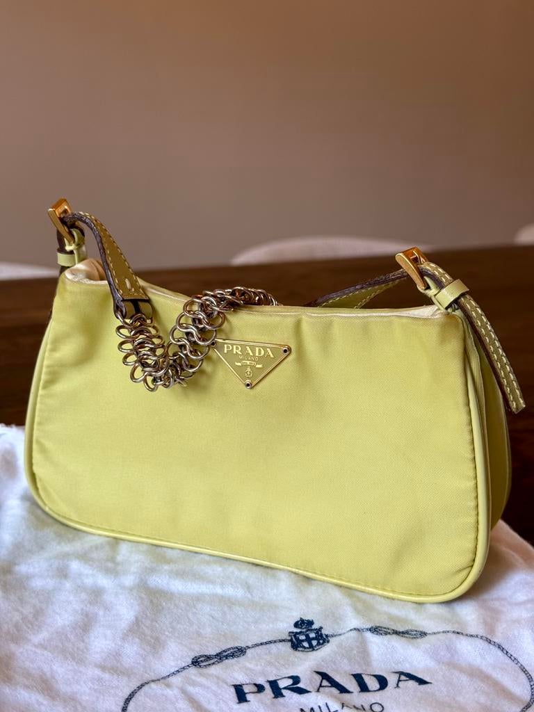 Vintage Prada Tessuto Mini Bag - Gold/Lime, Sieraden, Tassen en Uiterlijk, Tassen | Damestassen, Ophalen of Verzenden, Zo goed als nieuw