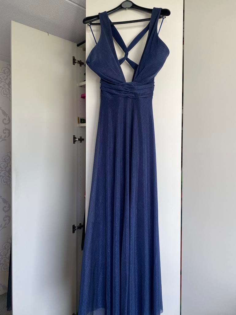 Donkerblauwe glitter galajurk merk Milo, Kleding | Dames, Gelegenheidskleding, Maat 38/40 (M), Galajurk, Blauw, Ophalen of Verzenden
