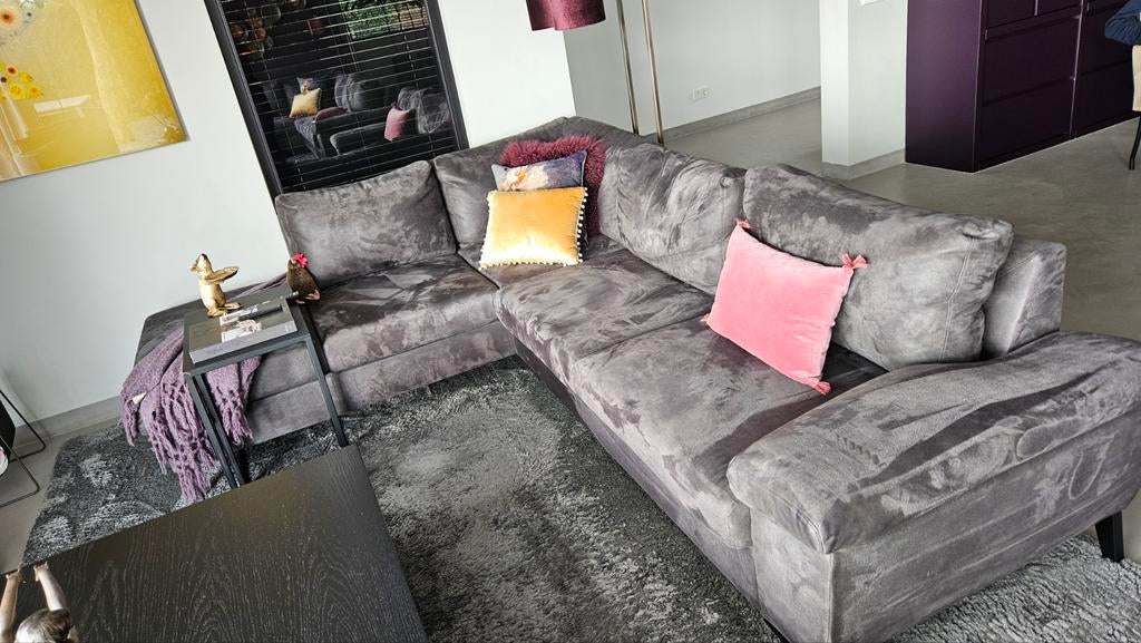 Grijze hoekbank, Huis en Inrichting, Banken | Bankstellen, Ophalen, 250 tot 300 cm, Hoekbank, Zo goed als nieuw