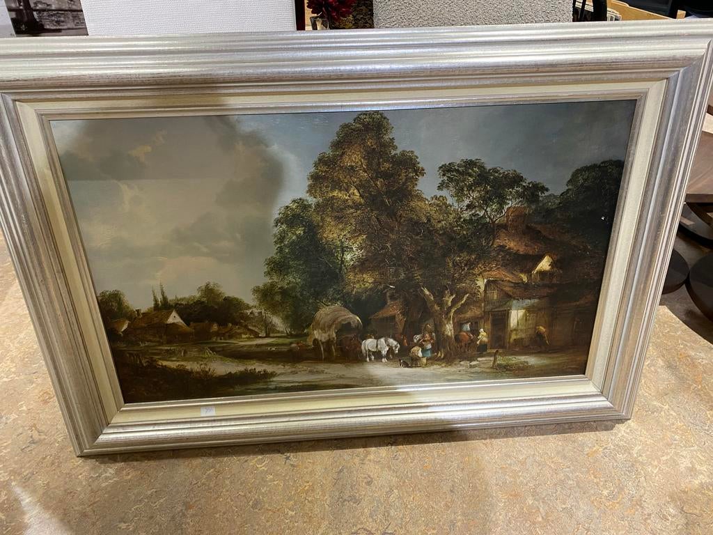 Klassiek Landschap Schilderij met Boerderij en Figuren, Antiek en Kunst, Kunst | Schilderijen | Klassiek, Ophalen