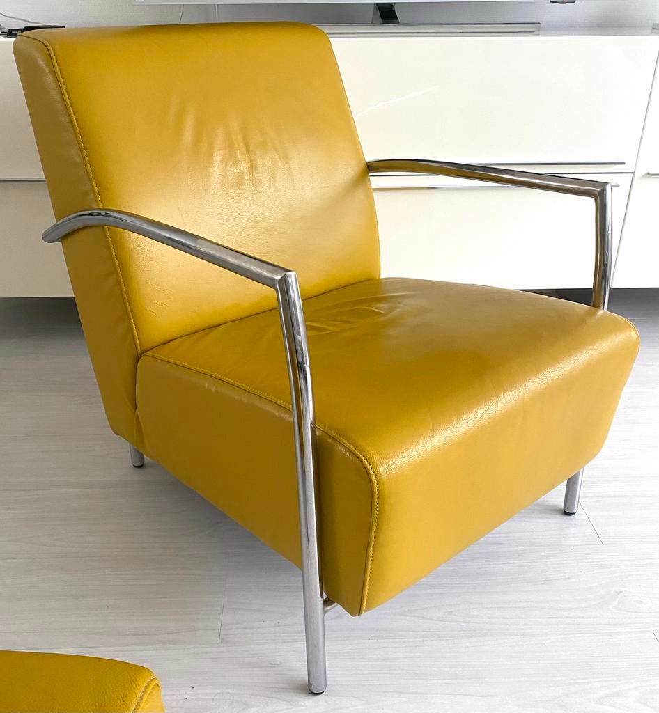 FAUTEUIL MET BIJBEHORENDE HOCKER, leer met chrome frame!, Ophalen, Zo goed als nieuw, 75 tot 100 cm, Leer