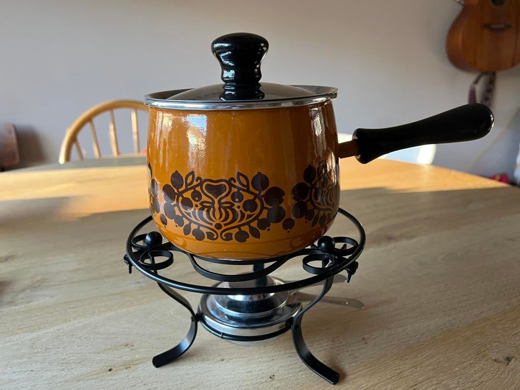 Vintage fondueset fonduepan kaasfondue, Huis en Inrichting, Ophalen of Verzenden, Zo goed als nieuw, Overige materialen